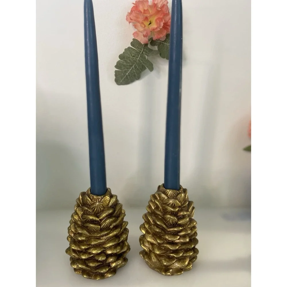 Vintage Otagiri 1996 Enesco Pinecone Taper Candle Holders Set of 2 Ceramic 5